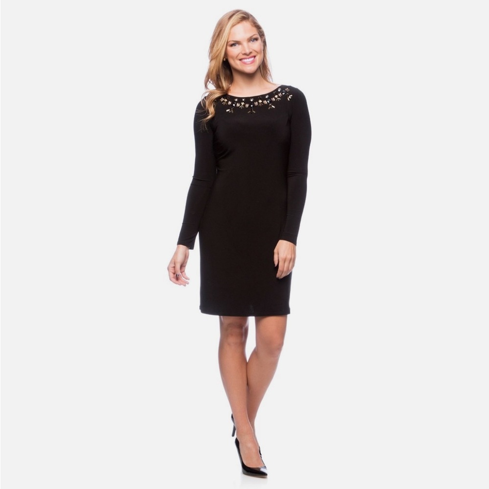 Navy Long-Sleeve Embellished Neck Sheath Dress